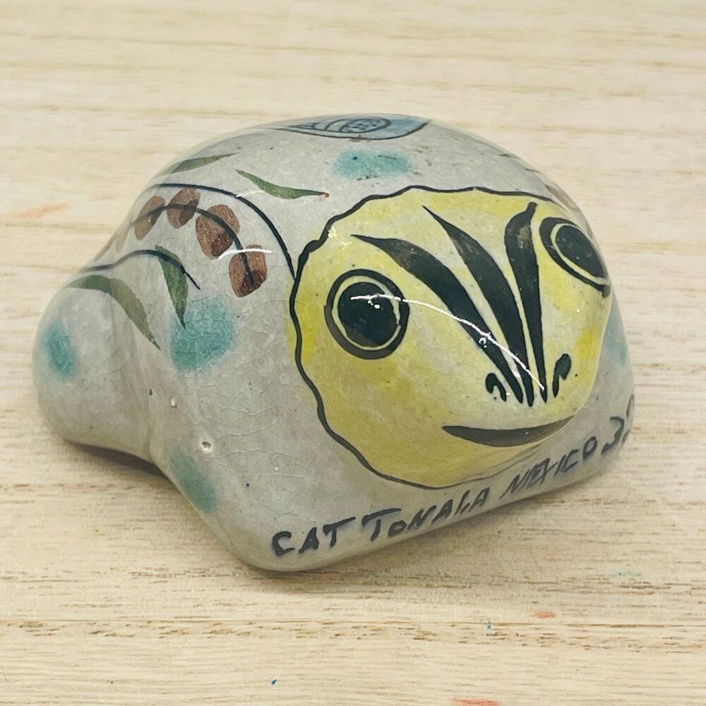 Vintage Tonala Mexico Pottery Frog Figurine - Signed CAT - Folk Art Bird Motif